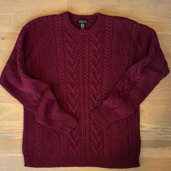 VTG 80s Express Heavyweight Cable Knit Crewneck Sweater Maroon Mens Size Large - Picture 6 of 7